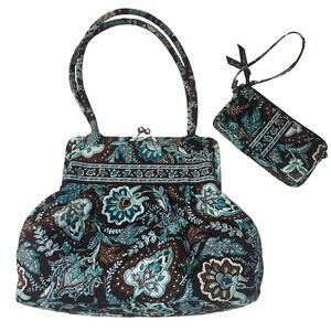 Vtg Vera Bradley Alice shoulder bag & Wristlet Java Blue Kiss Lock retired